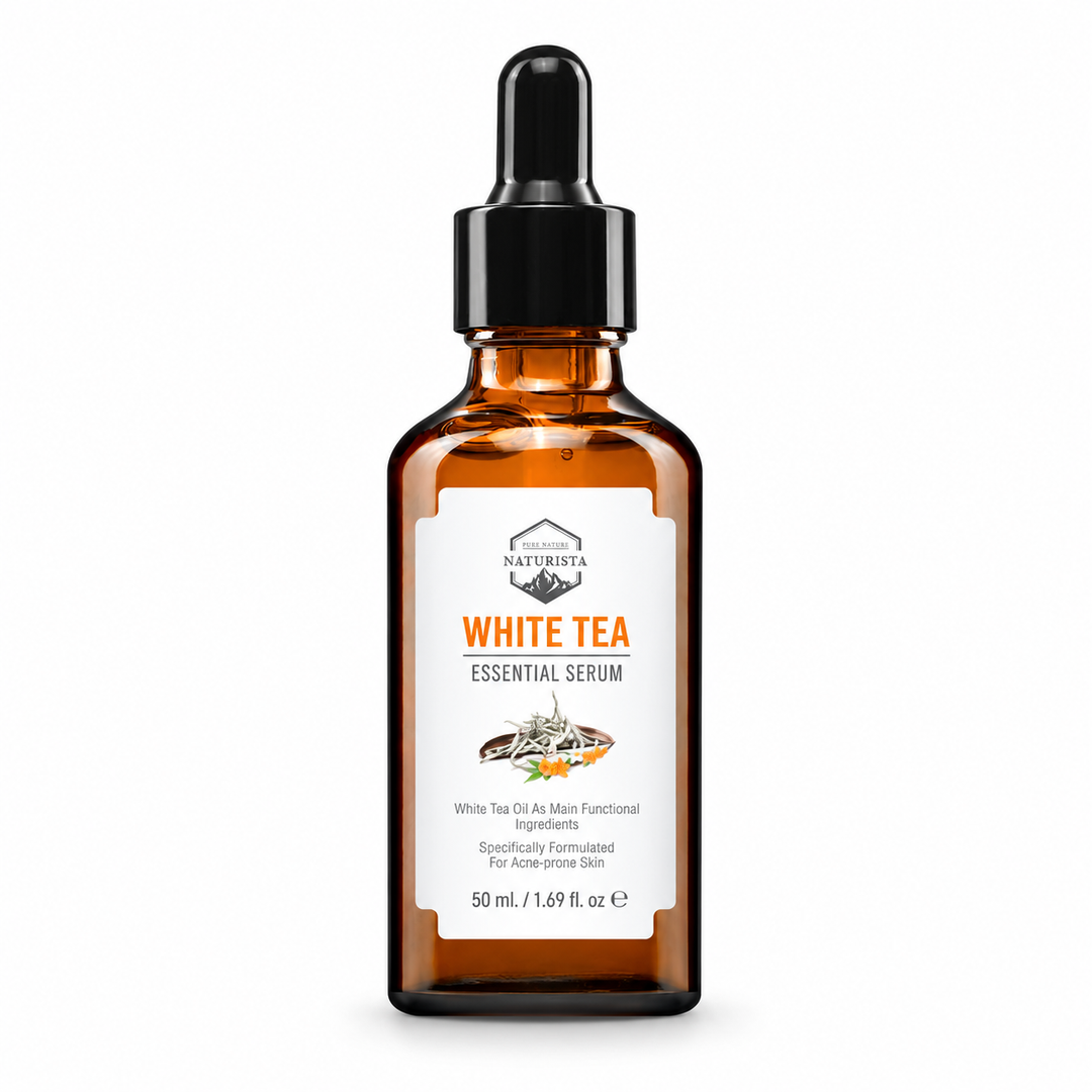 Naturista white tea essential serum 50ml — complete product contents on white background