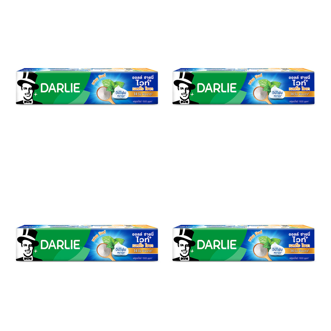 Darlie All Shiny White Baking Soda Fresh Mint Toothpaste 140 g | 4 Packs — 4 identical retail packages on a white background