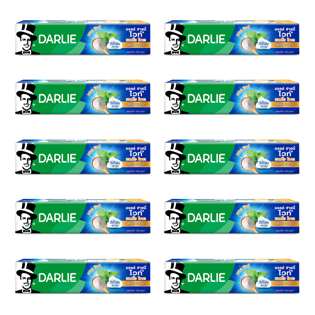Darlie All Shiny White Baking Soda Fresh Mint Toothpaste 140 g | 10 Packs — 10 identical retail packages on a white background