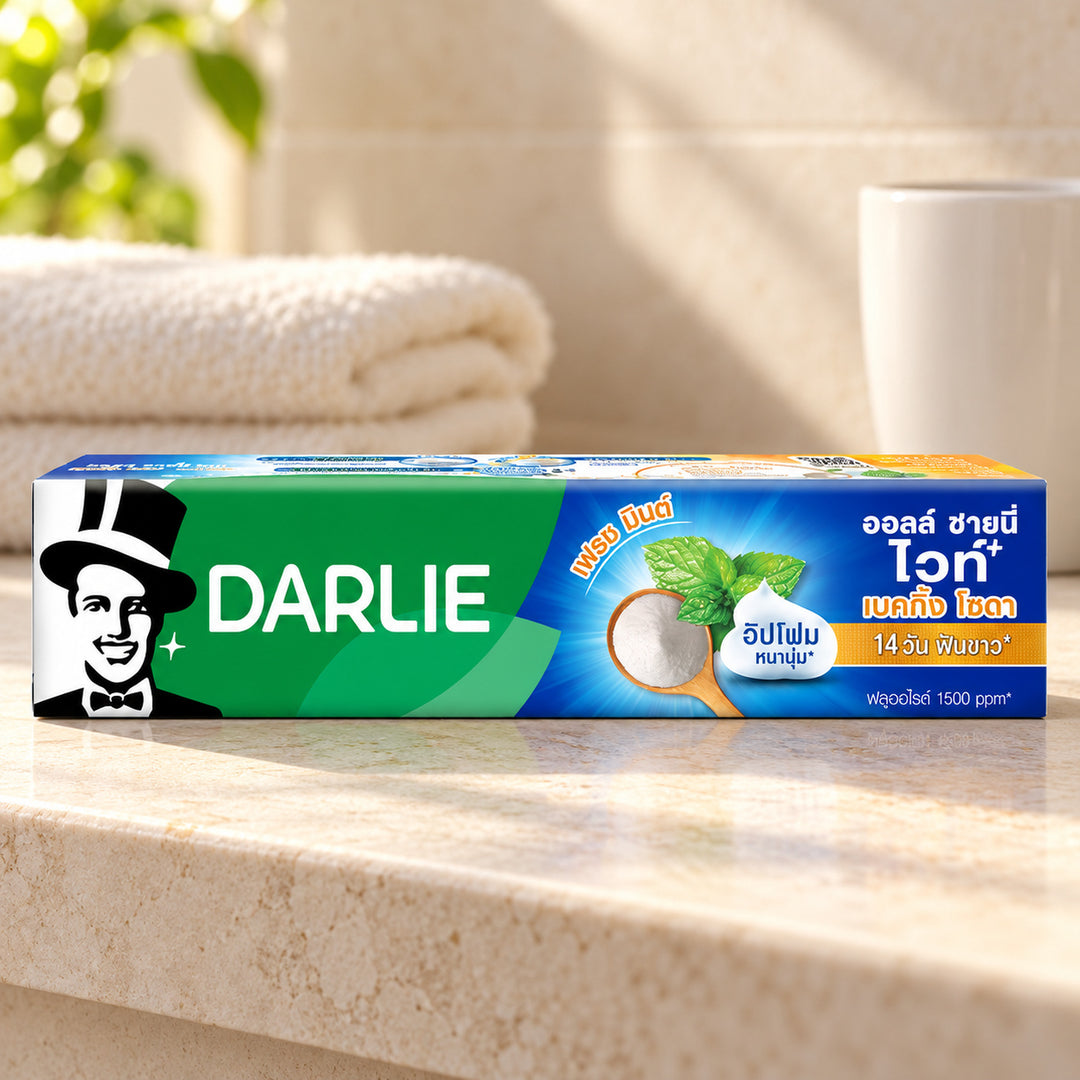 Darlie All Shiny White Baking Soda Fresh Mint Toothpaste 140 g — one individual retail unit in a bathroom setting; props not included