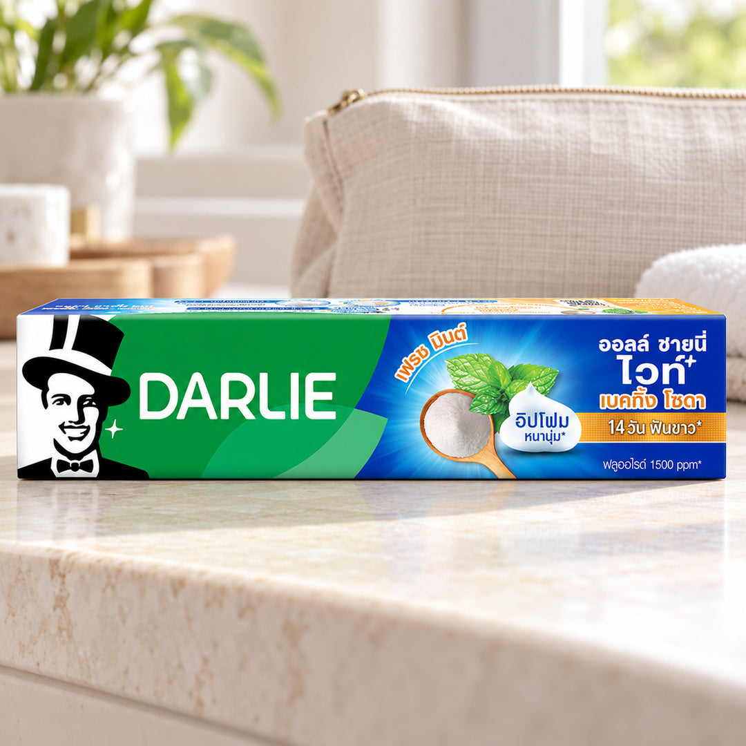 Darlie All Shiny White Baking Soda Fresh Mint Toothpaste 140 g — one individual retail unit in a bathroom setting; props not included