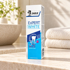 Darlie Expert White Toothpaste 120 g — one individual retail unit in a bathroom setting; props not included
