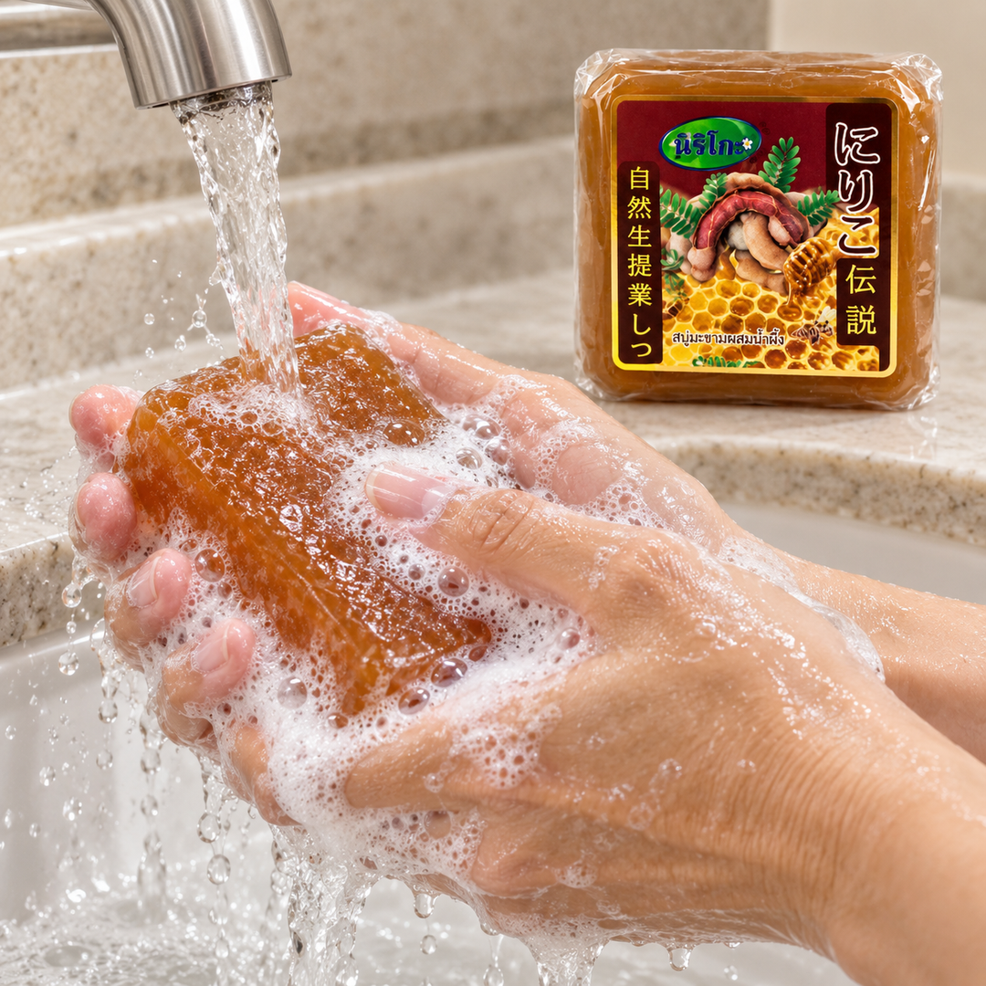 Niriko Tamarind Honey Collagen soap lathered under running water