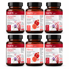 Nuriv Astaxanthin Multiplex + Mirova Duo — 3 Duos (6 Bottles, 30 Capsules Each) — exact bundle quantity on white