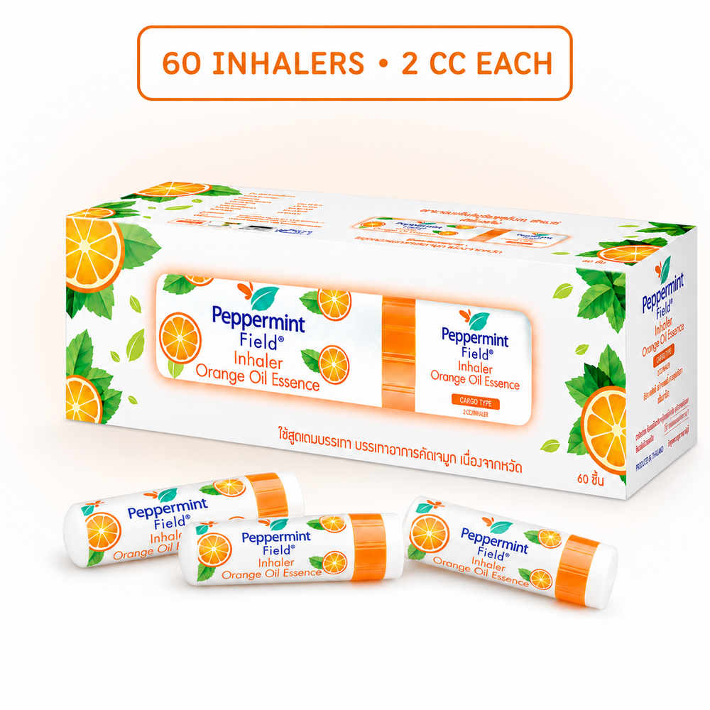 Peppermint Field Orange Oil Essence box with representative 2 cc inhalers
