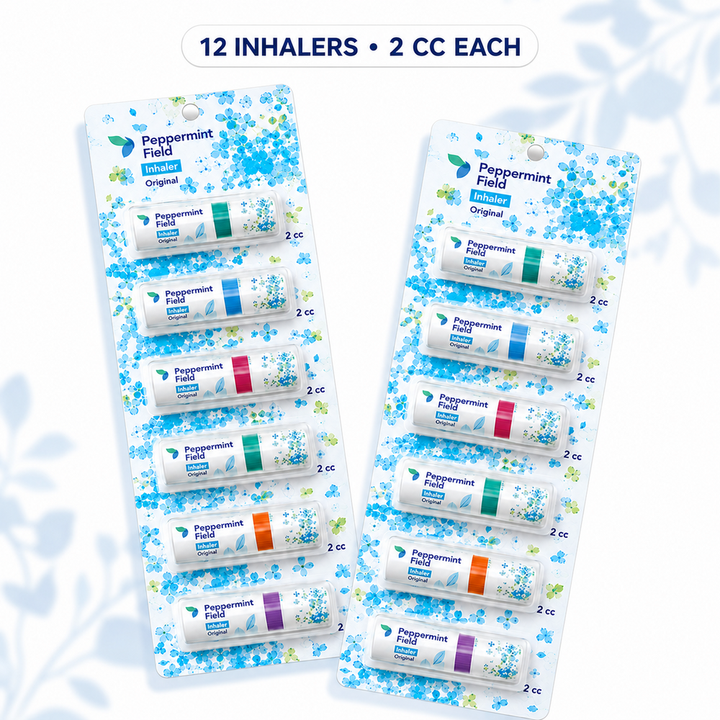 Two Peppermint Field Original strips with six inhalers per strip