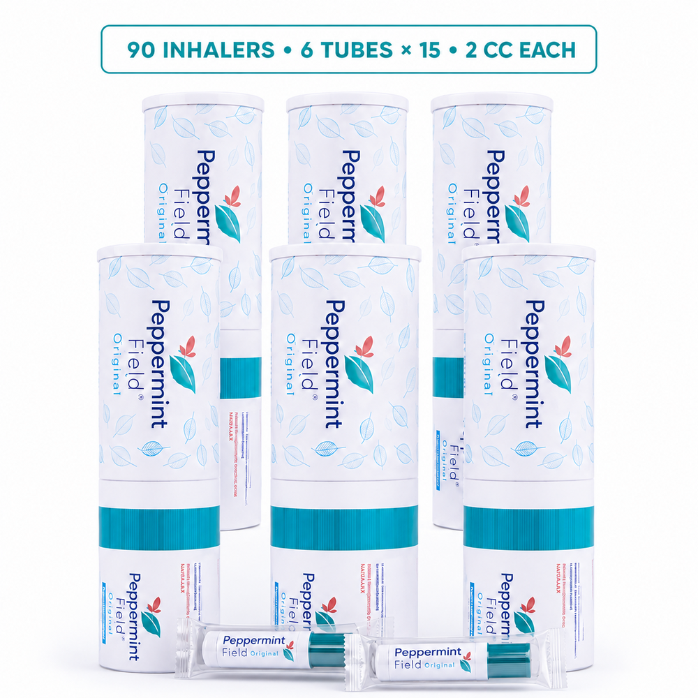 Six Peppermint Field Original display tubes with representative inhalers