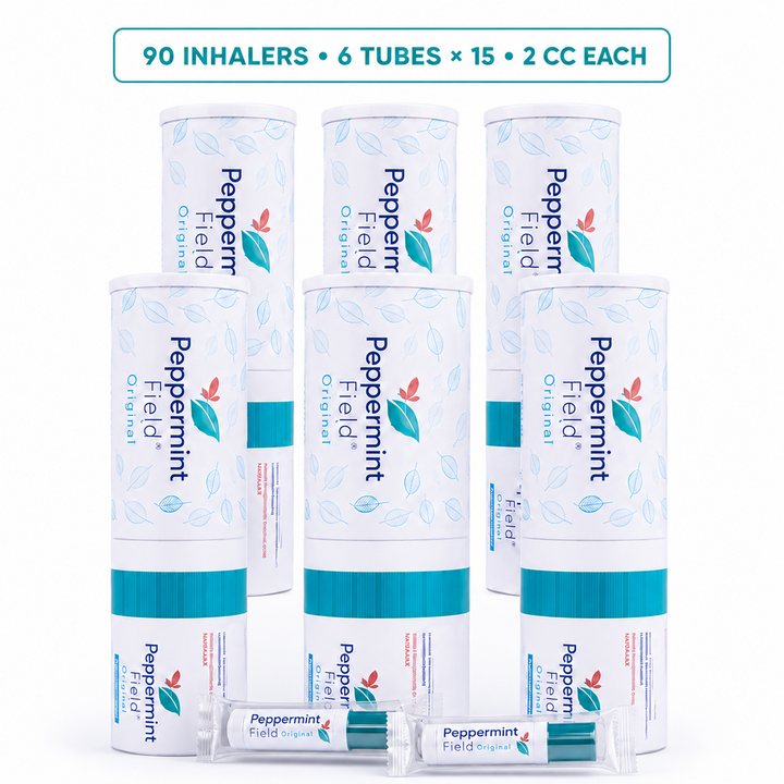 Six Peppermint Field Original display tubes with representative inhalers