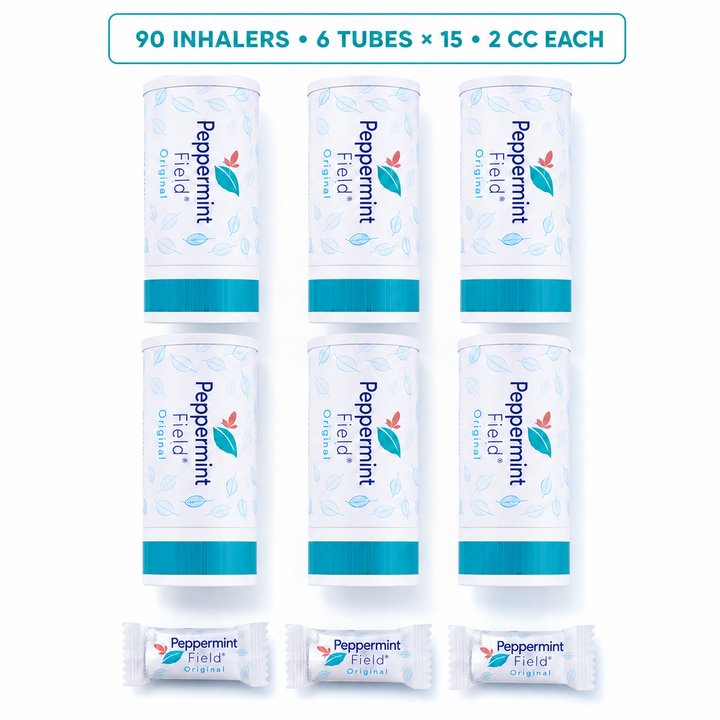 Wholesale flat lay of six Peppermint Field Original tubes for 90 inhalers