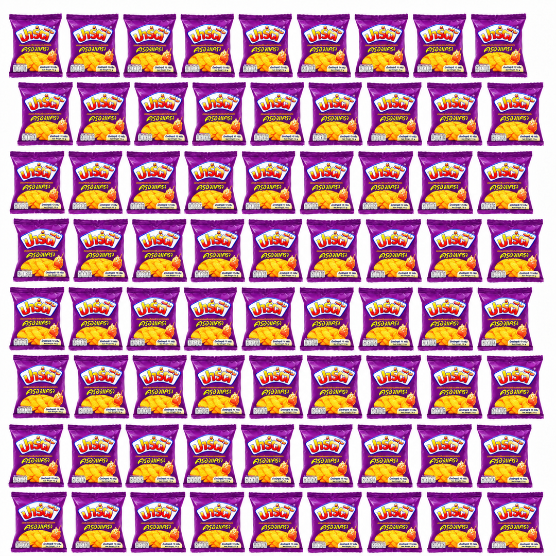 Party Krong Krang — exactly 72 sealed 12 g pouches, eight rows of nine, on white