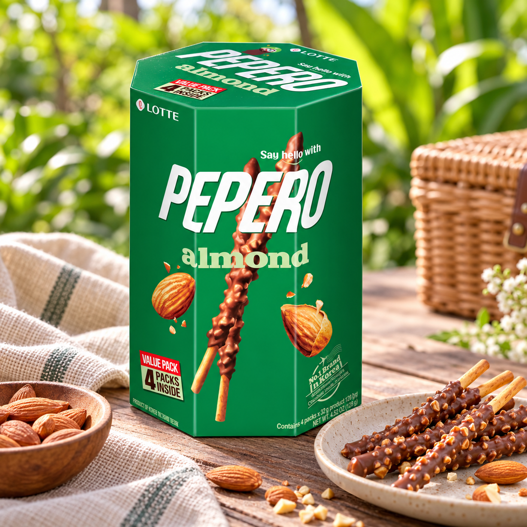 Lotte Pepero Almond Value Pack — 128 g (4 × 32 g) — lifestyle photograph