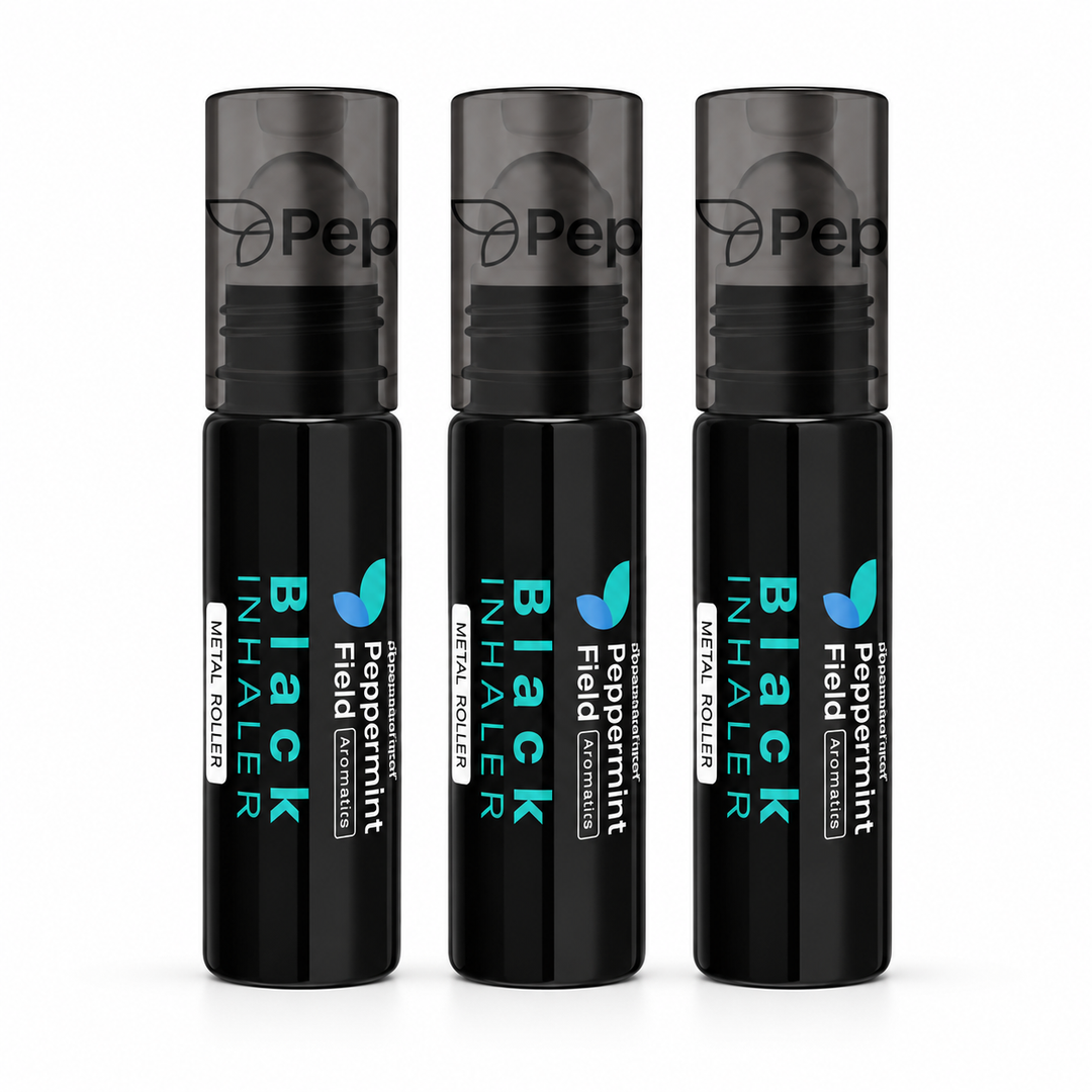 Peppermint Field Black Inhaler Roller — 3 × 5 ml — exact quantity on white
