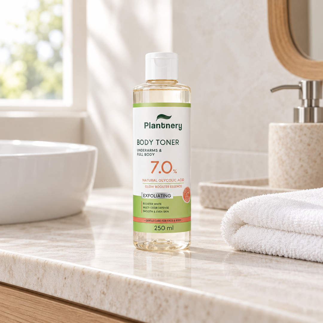 Plantnery Natural Glycolic Body Toner 7% 250 ml on bathroom vanity