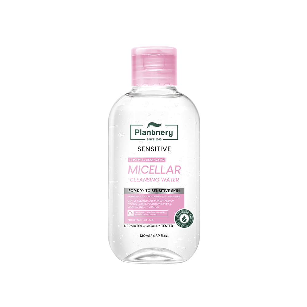 Official Plantnery Comfrey Sensitive Micellar Cleansing Water 130 ml bottle on white background