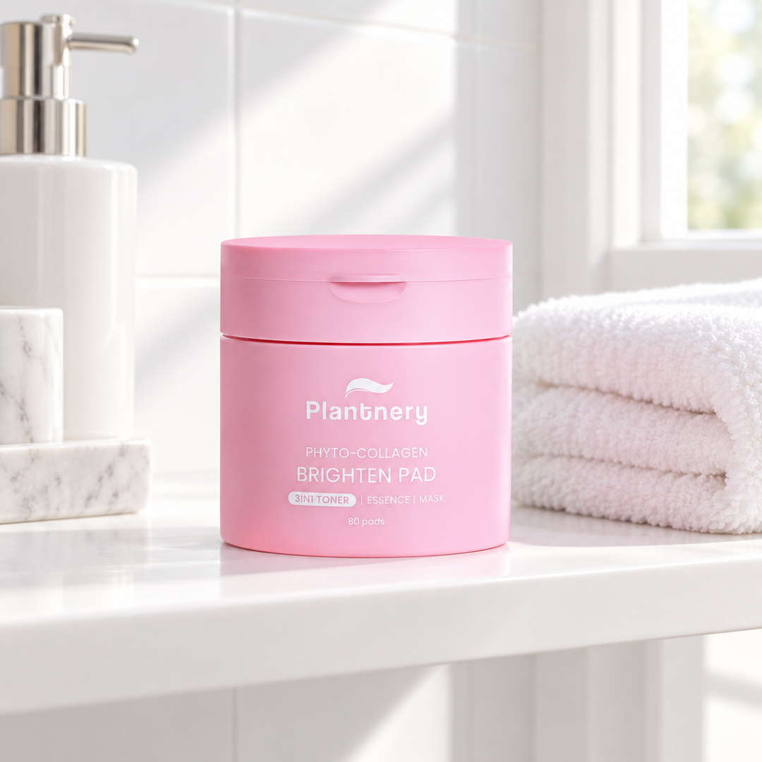 Plantnery Phyto-Collagen Toner Pads on bathroom shelf