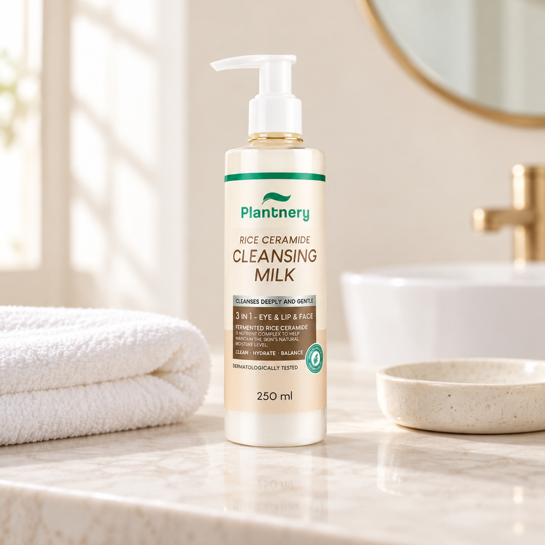 Plantnery Rice Ceramide Cleansing Milk 250 ml on bathroom vanity