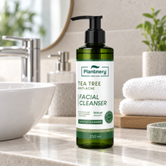 Plantnery Tea Tree Facial Cleanser 250 ml on a bathroom vanity