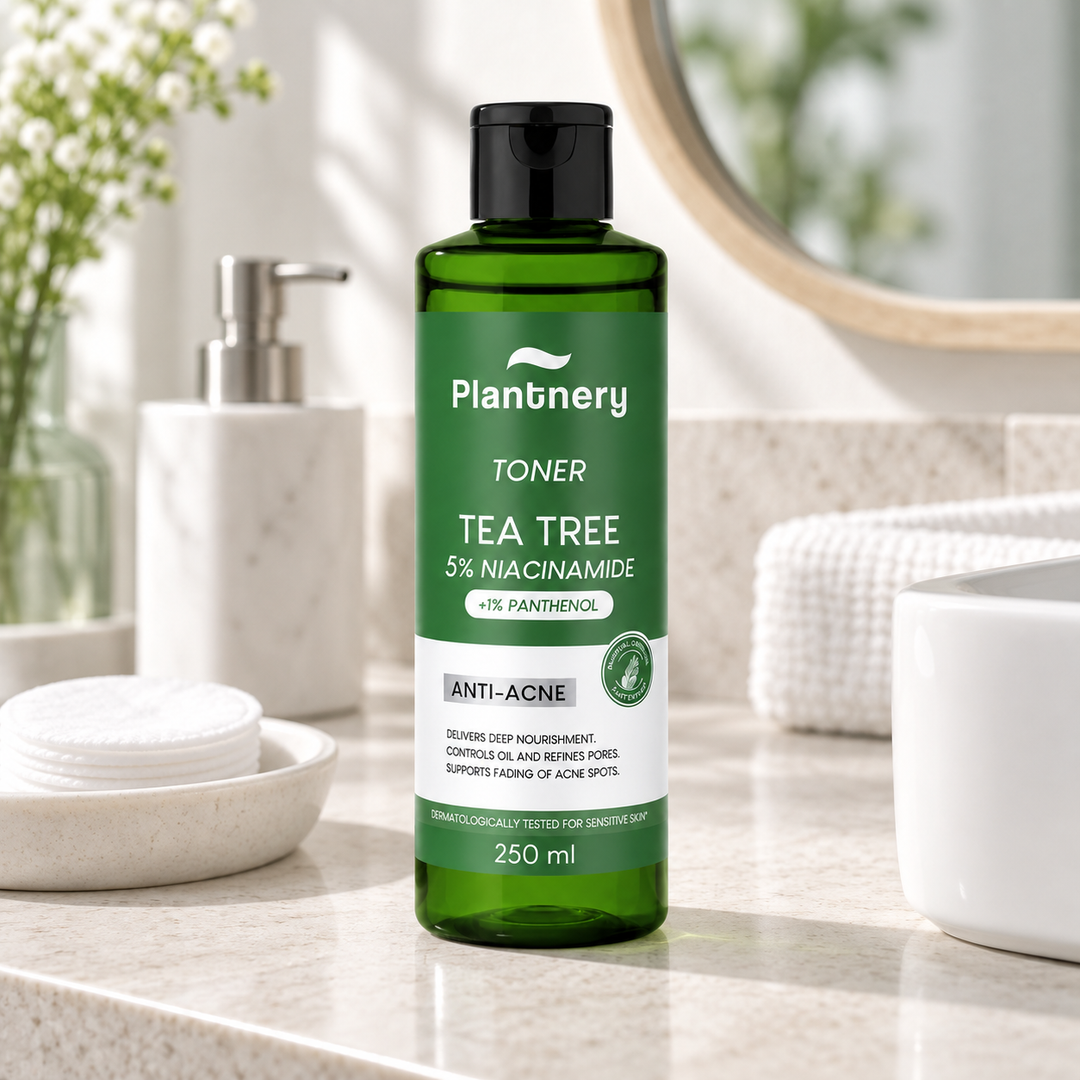 Plantnery Tea Tree 5% Niacinamide Toner 250 ml on bathroom vanity