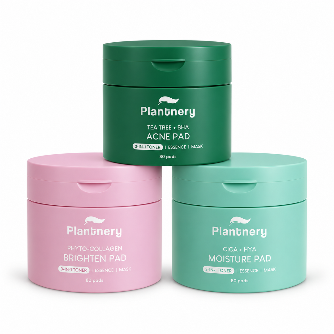 Plantnery Toner Pad Trio Set with green pink and mint pots on white background