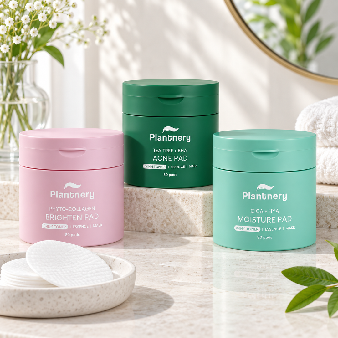 Plantnery Toner Pad Trio Set on bathroom vanity