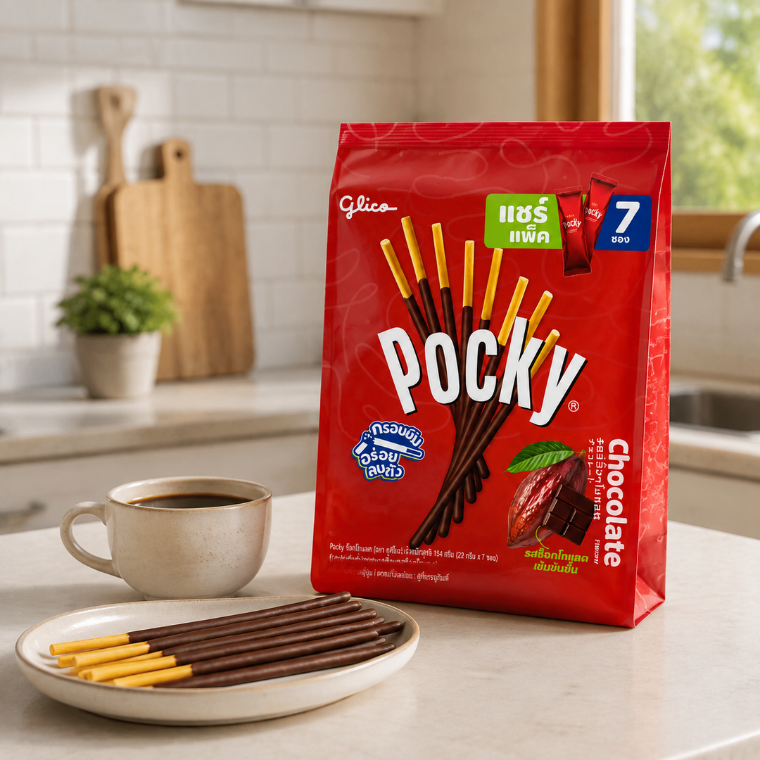 Glico Pocky Chocolate Family Pack in a kitchen