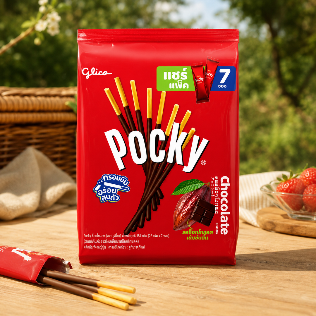 Glico Pocky Chocolate Family Pack at a picnic