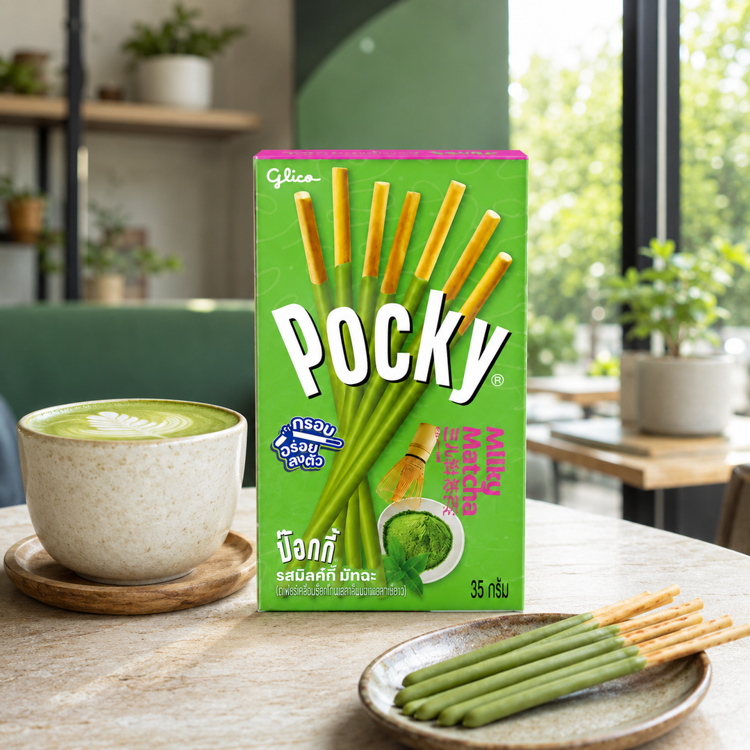 Glico Pocky Milky Matcha in a café