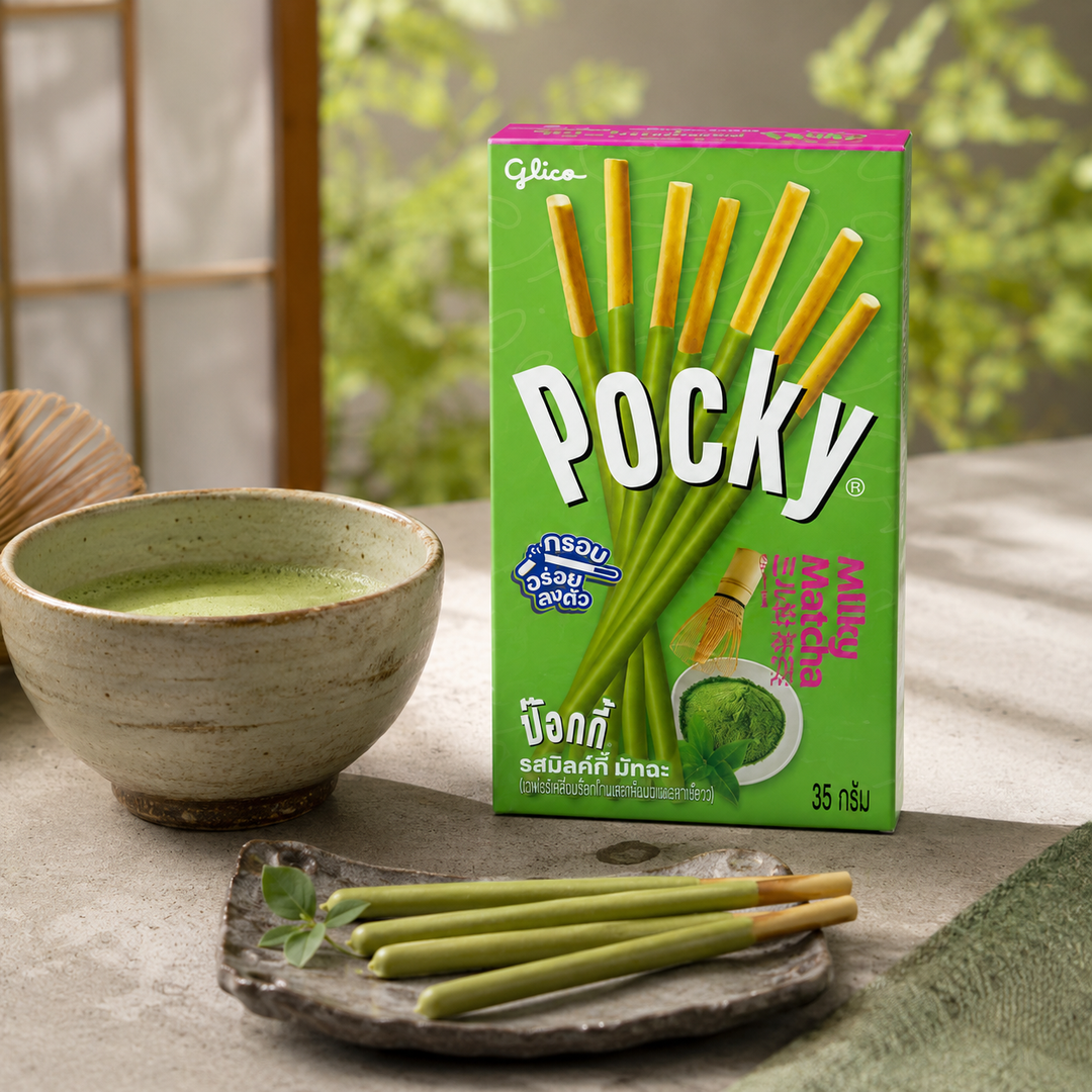 Glico Pocky Milky Matcha in a tea setting