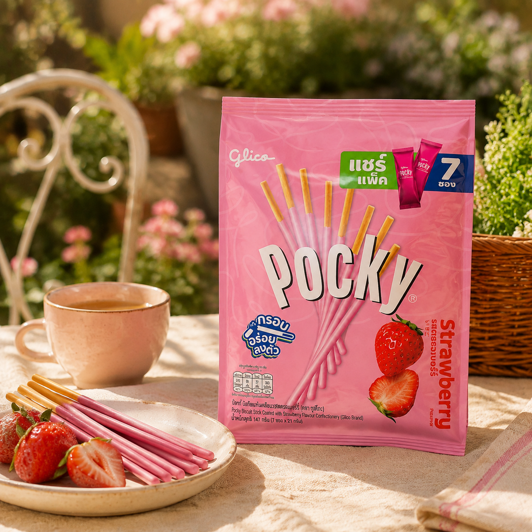 Glico Pocky Strawberry Family Pack in a garden