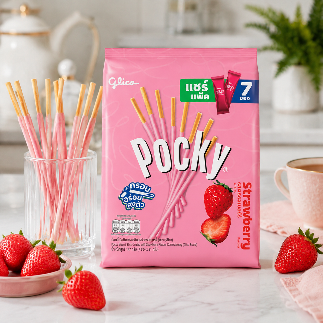Glico Pocky Strawberry Family Pack in a kitchen