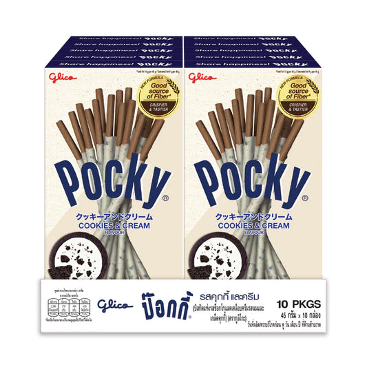 Glico Pocky Cookies & Cream – Japanese Biscuit Sticks with Creamy Cookie Coating | 10 Packs