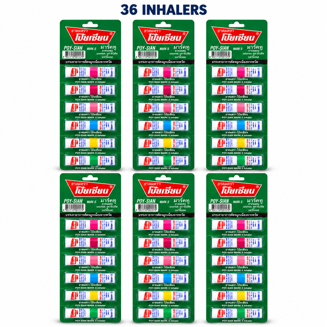 Poy-Sian Mark II 36 inhalers, 6 packs of six on white