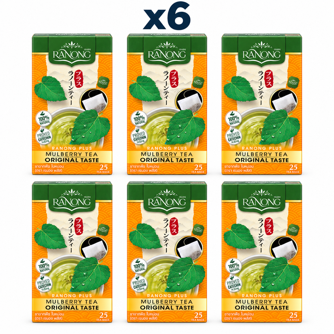 Ranong Plus Mulberry Tea Original Taste 50 g retail boxes, pack of 6; exactly 6 closed packages on white