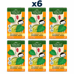Ranong Plus Mulberry Tea Original Taste 50 g retail boxes, pack of 6; exactly 6 closed packages on white