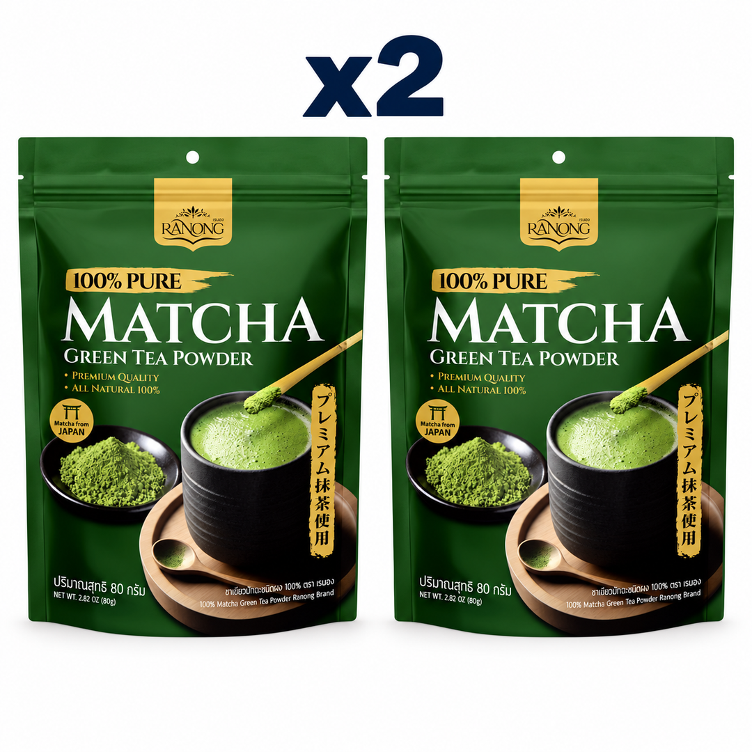 Ranong 100% Pure Matcha Green Tea Powder 80 g retail pouches, pack of 2; exactly 2 closed packages on white