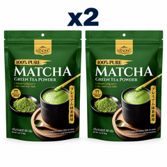 Ranong 100% Pure Matcha Green Tea Powder 80 g retail pouches, pack of 2; exactly 2 closed packages on white
