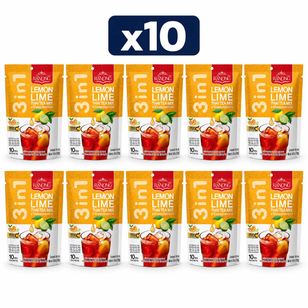 Ranong Tea Lemon Lime Thai Tea 130 g — Pack of 10, exactly 10 original retail packs on white