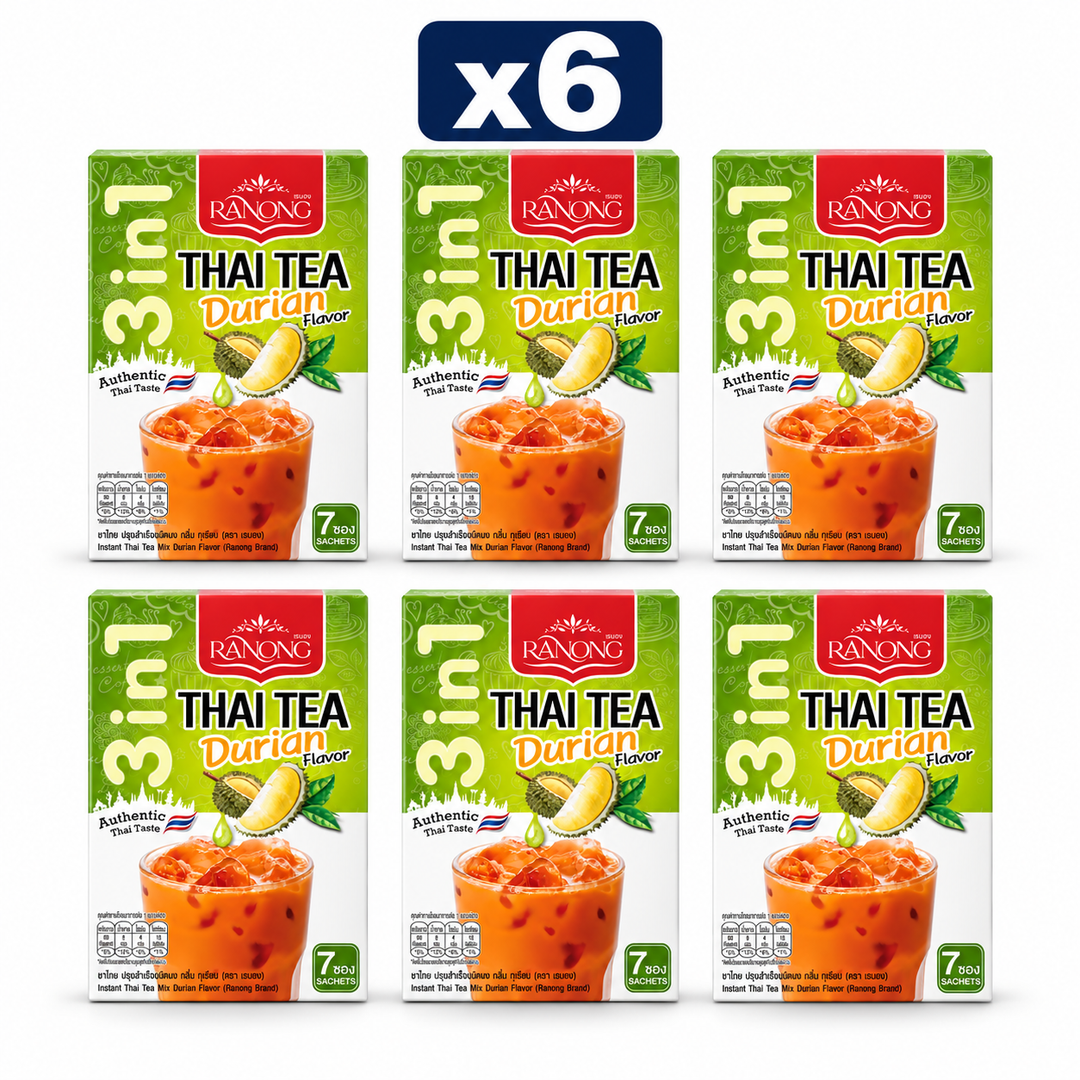 Ranong Tea Durian Thai Tea Mix 140 g — Pack of 6, exactly 6 original retail packs on white