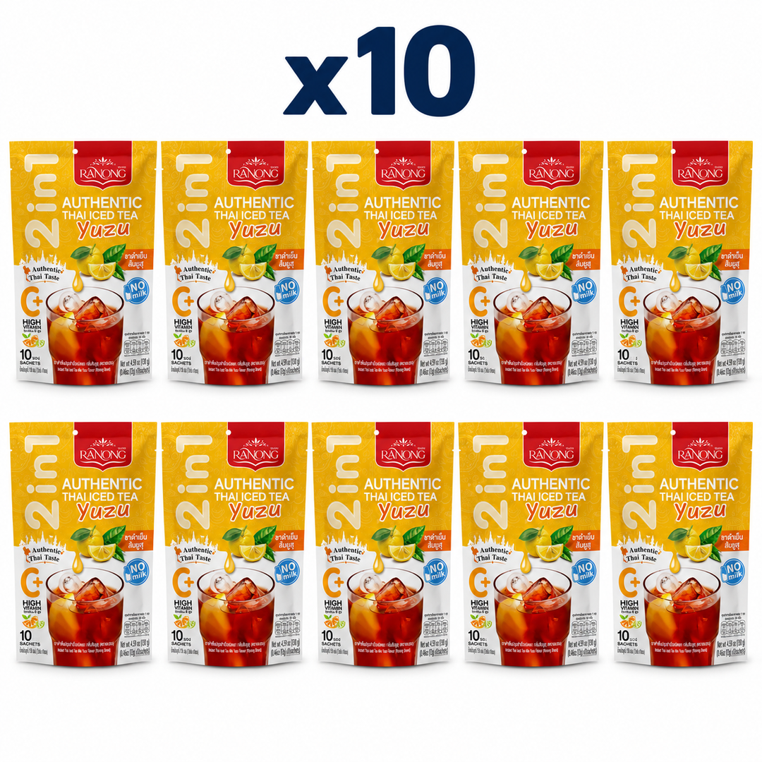 Ranong Tea Yuzu Thai Iced Tea – 10 whole retail packs on a white background