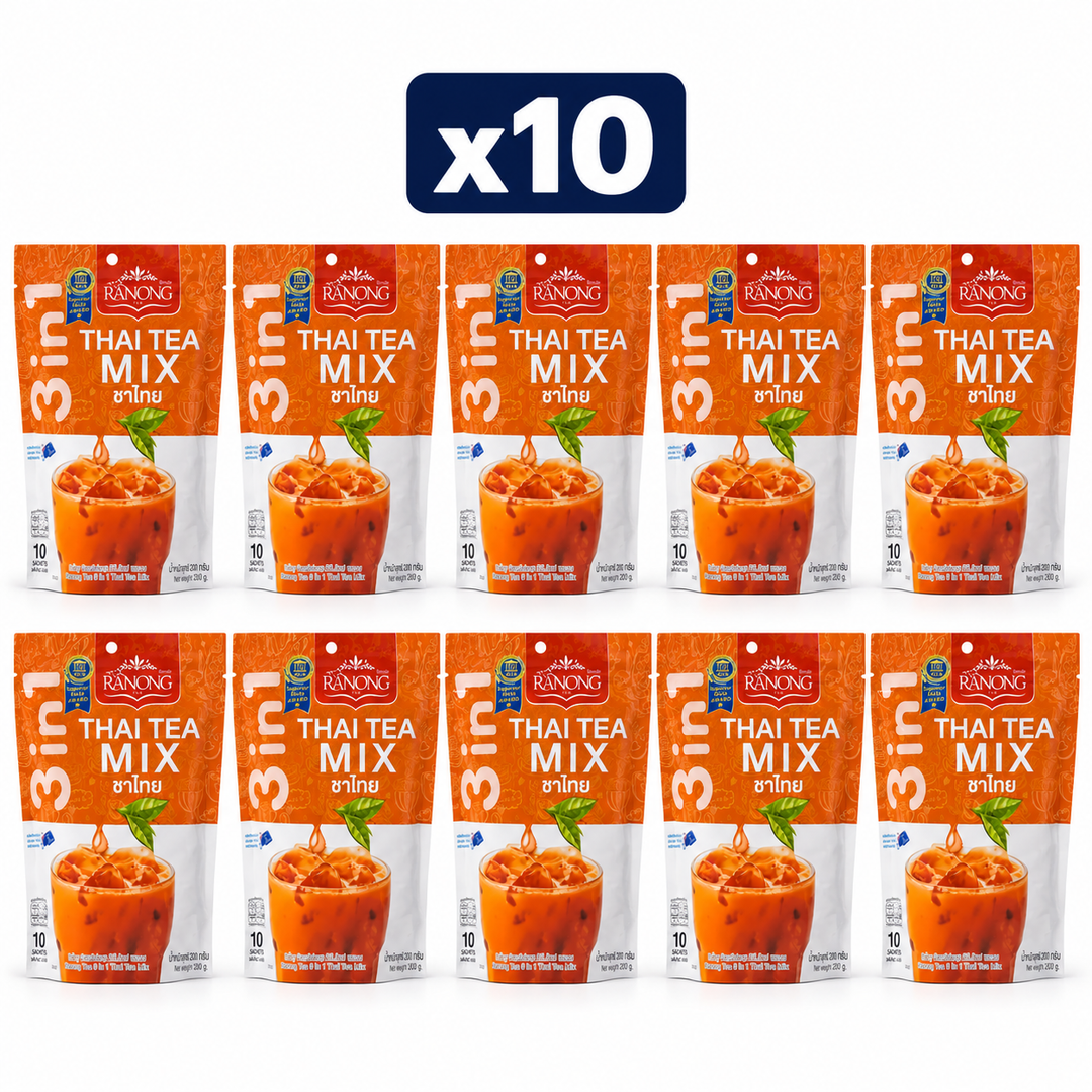Ranong Tea 3-in-1 Thai Tea Mix 200 g — Pack of 10, exactly 10 original retail packs on white