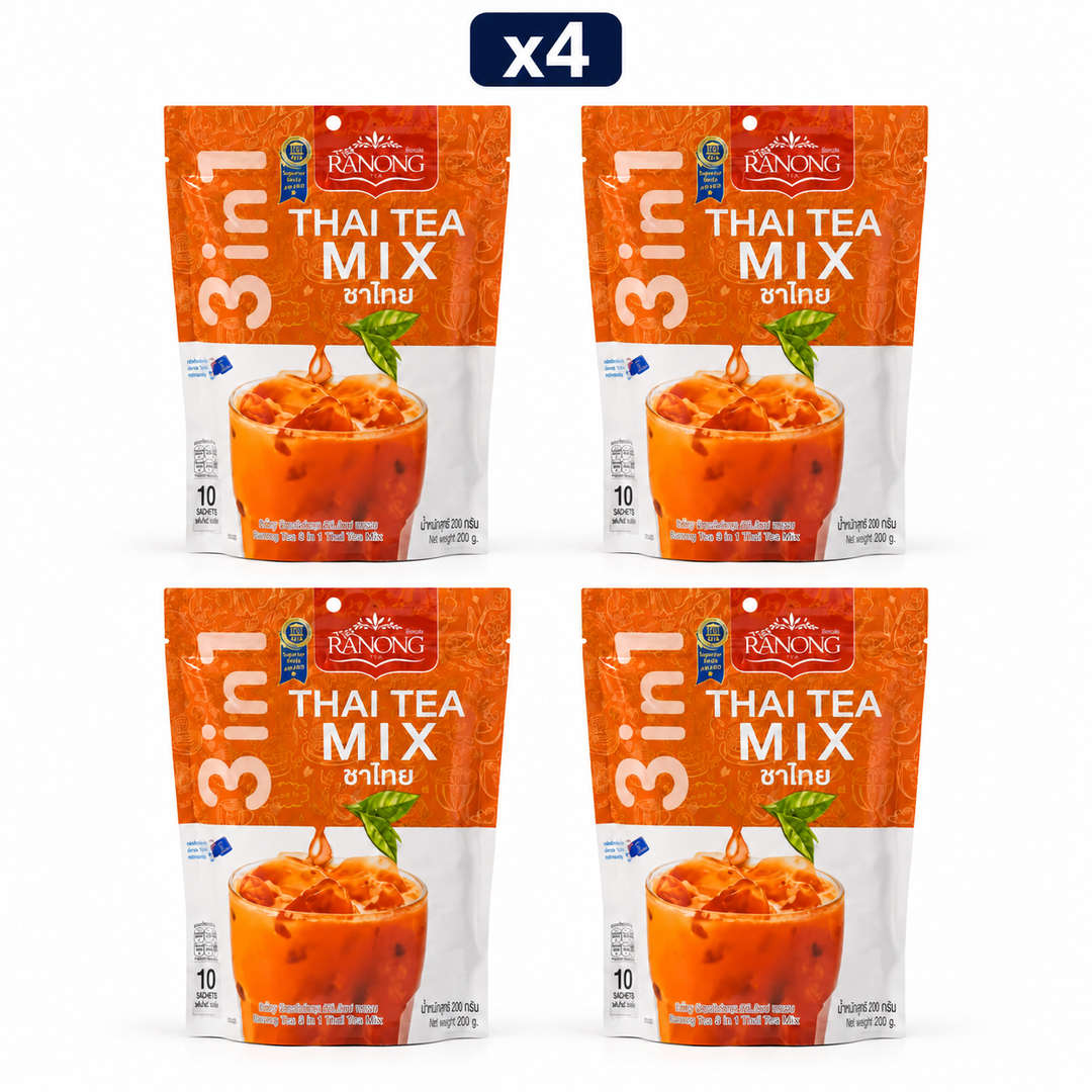 Ranong Tea 3-in-1 Thai Tea Mix 200 g — Pack of 4, exactly 4 original retail packs on white