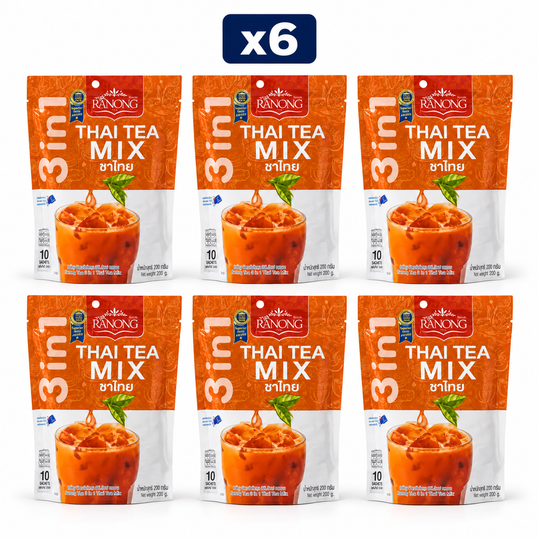 Ranong Tea 3-in-1 Thai Tea Mix 200 g — Pack of 6, exactly 6 original retail packs on white