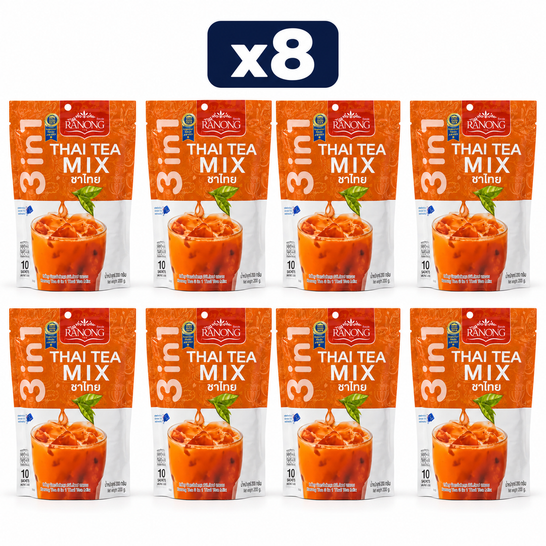 Ranong Tea 3-in-1 Thai Tea Mix 200 g — Pack of 8, exactly 8 original retail packs on white