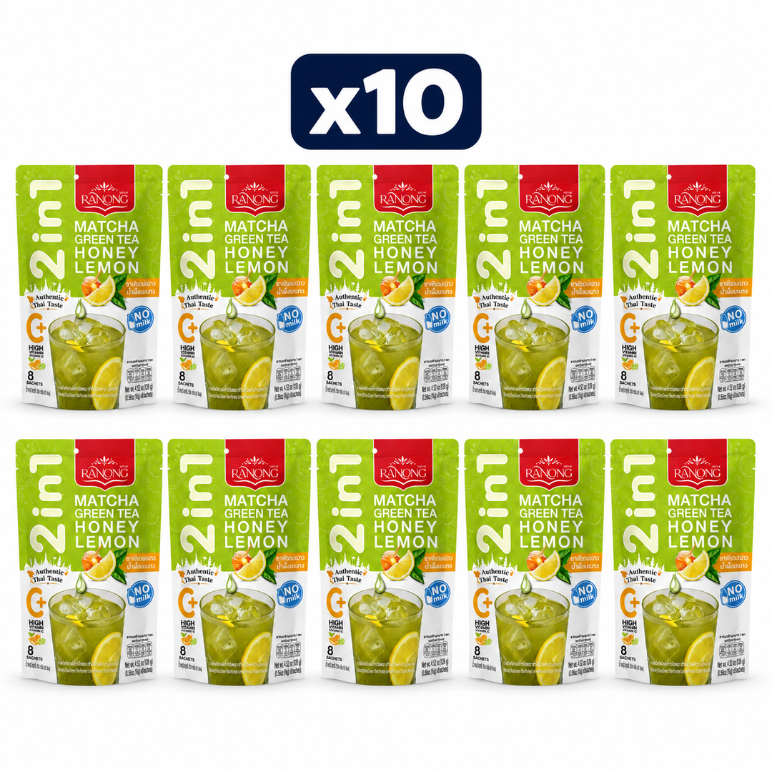 Ranong Matcha Green Tea Honey Lemon — No Milk 128 g — Pack of 10, exactly 10 original retail packs on white