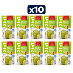 Ranong Matcha Green Tea Honey Lemon — No Milk 128 g — Pack of 10, exactly 10 original retail packs on white