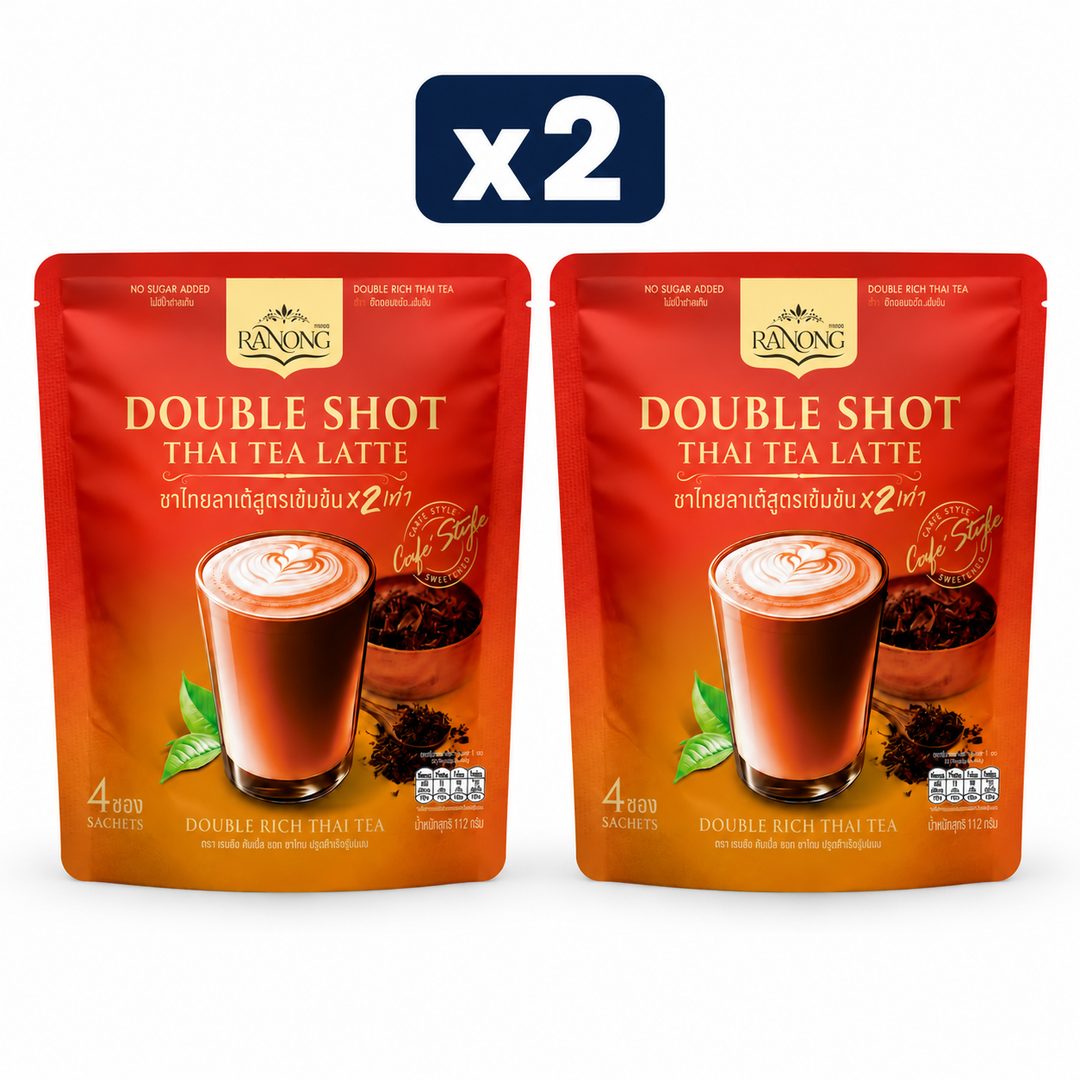 Ranong Double Shot Thai Tea Latte — No Sugar Added 112 g — Pack of 2, exactly 2 original retail packs on white