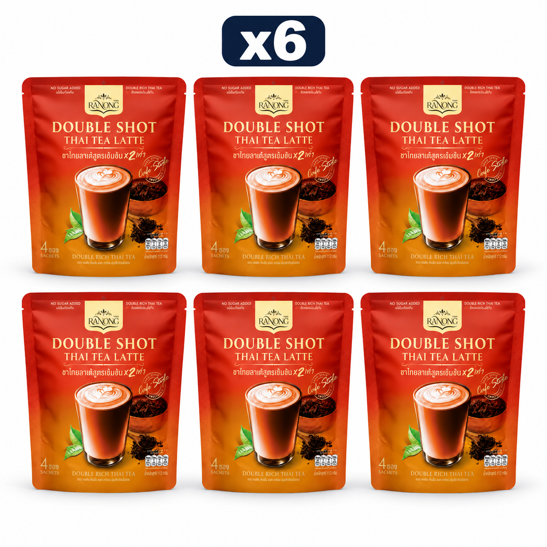 Ranong Double Shot Thai Tea Latte — No Sugar Added 112 g — Pack of 6, exactly 6 original retail packs on white