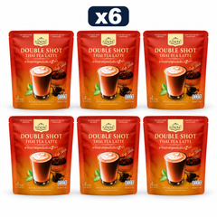 Ranong Double Shot Thai Tea Latte — No Sugar Added 112 g — Pack of 6, exactly 6 original retail packs on white