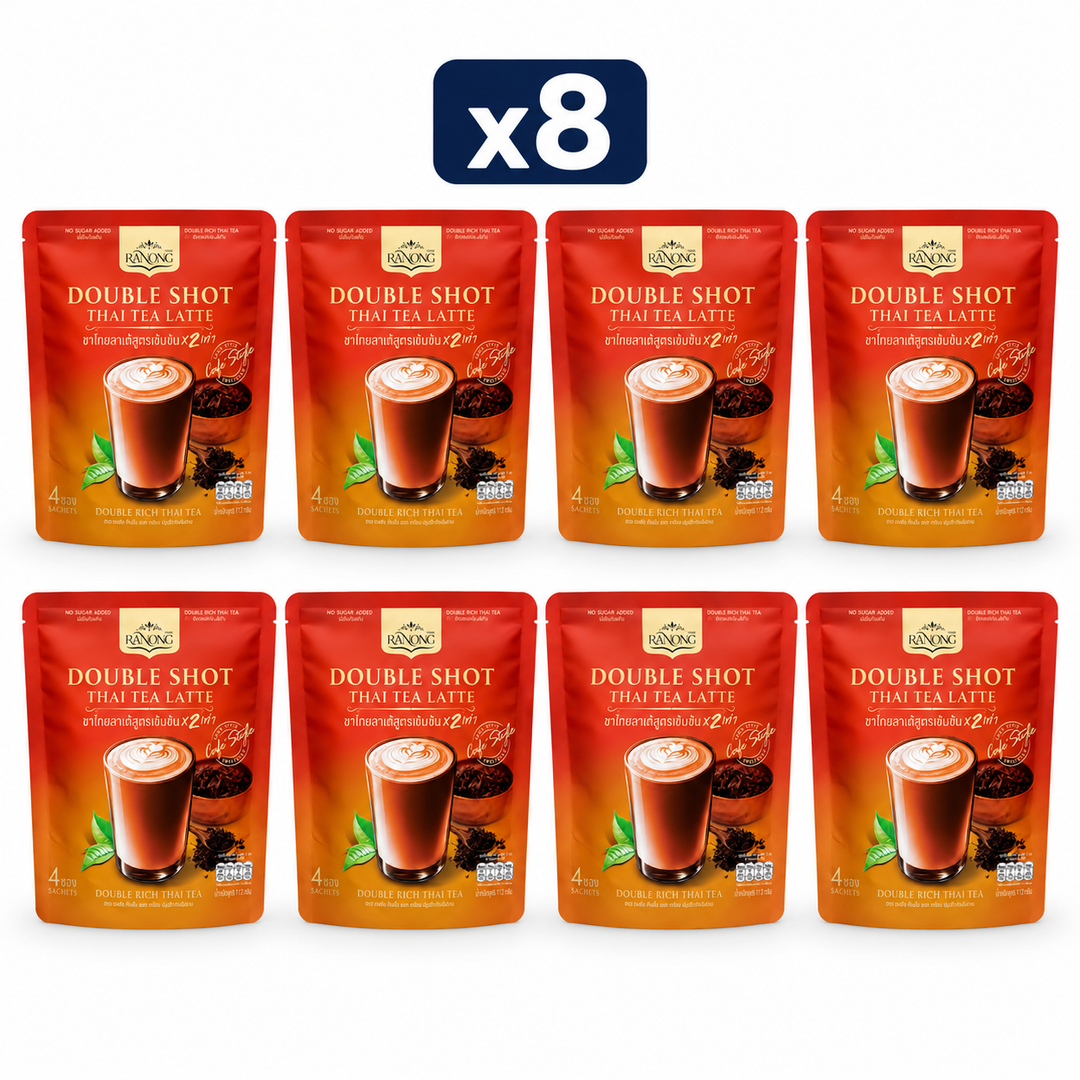 Ranong Double Shot Thai Tea Latte — No Sugar Added 112 g — Pack of 8, exactly 8 original retail packs on white