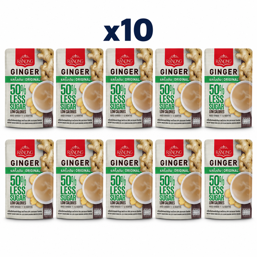 Ranong Tea ginger 50 less sugar original 100g — 10 sealed retail packs.